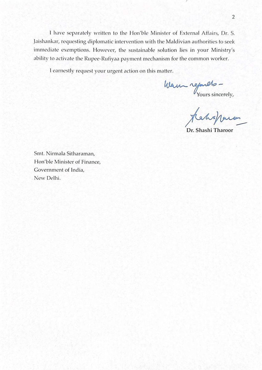 ShashiTharoor's tweet photo. Many Keralites working in the Maldives have reached out to me about the difficulties they are facing in remitting funds home, because of severe restrictions imposed recently on dollar transfers out of the country (since Maldives has a dollar-shortage these days). I’ve suggested a way forward to the Finance Minister @nsitharaman and urged the External Affairs Minister @DrSJaishankar to intervene as well: