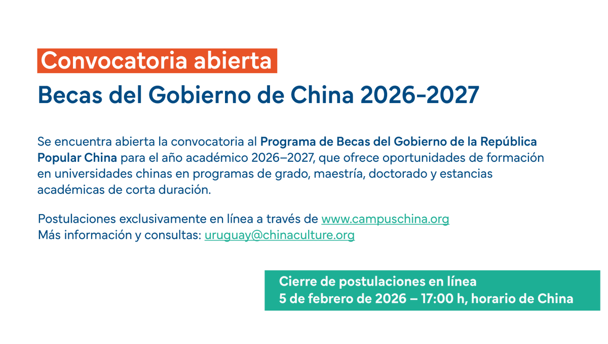 ✈️🇨🇳 Convocatoria a Becas del Gobierno de China 2026–2027

☑️ Cubren: matrícula, alojamiento, alimentación, seguro médico y gastos académicos asociados.

🗓️ Plazo de postulaciones: Hasta el 5/02/2026 a las 17h (horario de China)

ℹ️Más información y consultas: