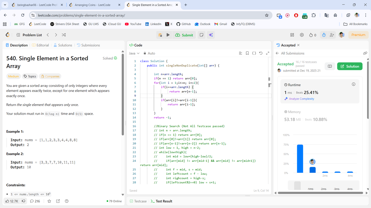 beingbashar06's tweet image. #Day09 of #100DaysOfCodeChallenge

4 problems solved today — Binary Search everywhere 

• Arranging Coins
• Find Peak Element
• Minimum Common Value
• Single Element
Not just coding learning how to think better.
Day 9 done.

#DSA #LeetCode #ProblemSolving #CodingJourney #day9