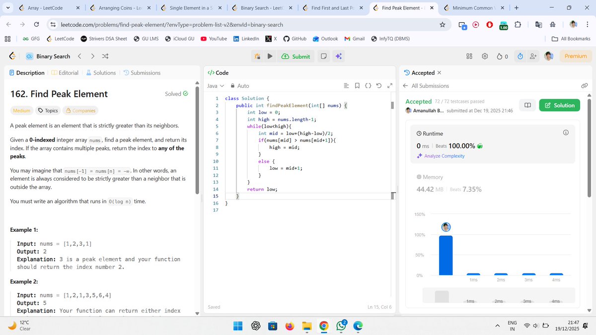 beingbashar06's tweet image. #Day09 of #100DaysOfCodeChallenge

4 problems solved today — Binary Search everywhere 

• Arranging Coins
• Find Peak Element
• Minimum Common Value
• Single Element
Not just coding learning how to think better.
Day 9 done.

#DSA #LeetCode #ProblemSolving #CodingJourney #day9