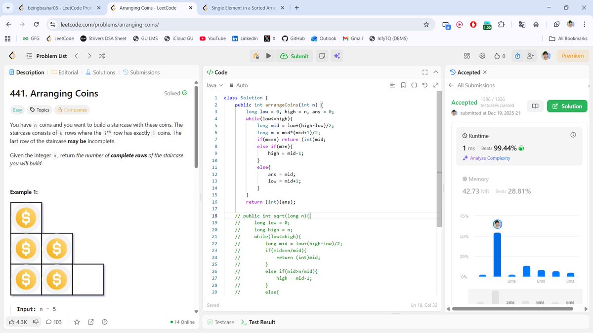 beingbashar06's tweet image. #Day09 of #100DaysOfCodeChallenge

4 problems solved today — Binary Search everywhere 

• Arranging Coins
• Find Peak Element
• Minimum Common Value
• Single Element
Not just coding learning how to think better.
Day 9 done.

#DSA #LeetCode #ProblemSolving #CodingJourney #day9