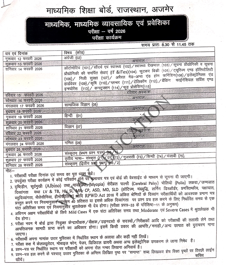 माध्यमिक शिक्षा बोर्ड राजस्थान - 10th Exam Time Table