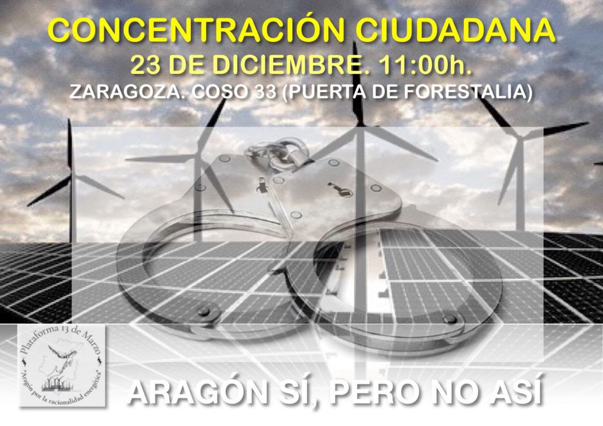 🤙🏻 Desde la Plataforma 13M te invitamos a la concentración ciudadana el 23 de diciembre a las 11h. 

📍El lugar será en Coso, 33 (puerta de Forestalia), en Zaragoza.

🙌🏻 Se trata de un acto simbólico.

🫶🏻 Te esperamos!! Gracias por venir y/o compartir.
