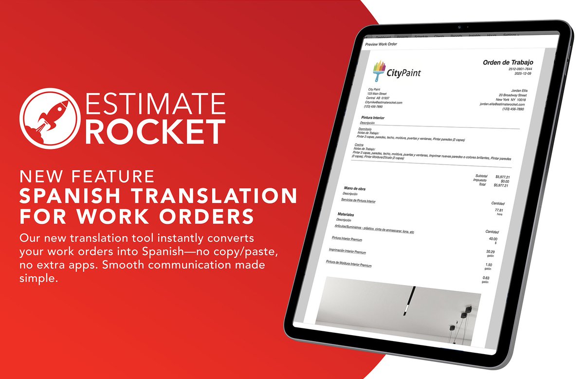 Say hello to one-click Spanish translation for work orders in Estimate Rocket! All users can now translate any work order to Spanish from any project—just go to Preview → Translate to Spanish. That’s it. It’s that simple!