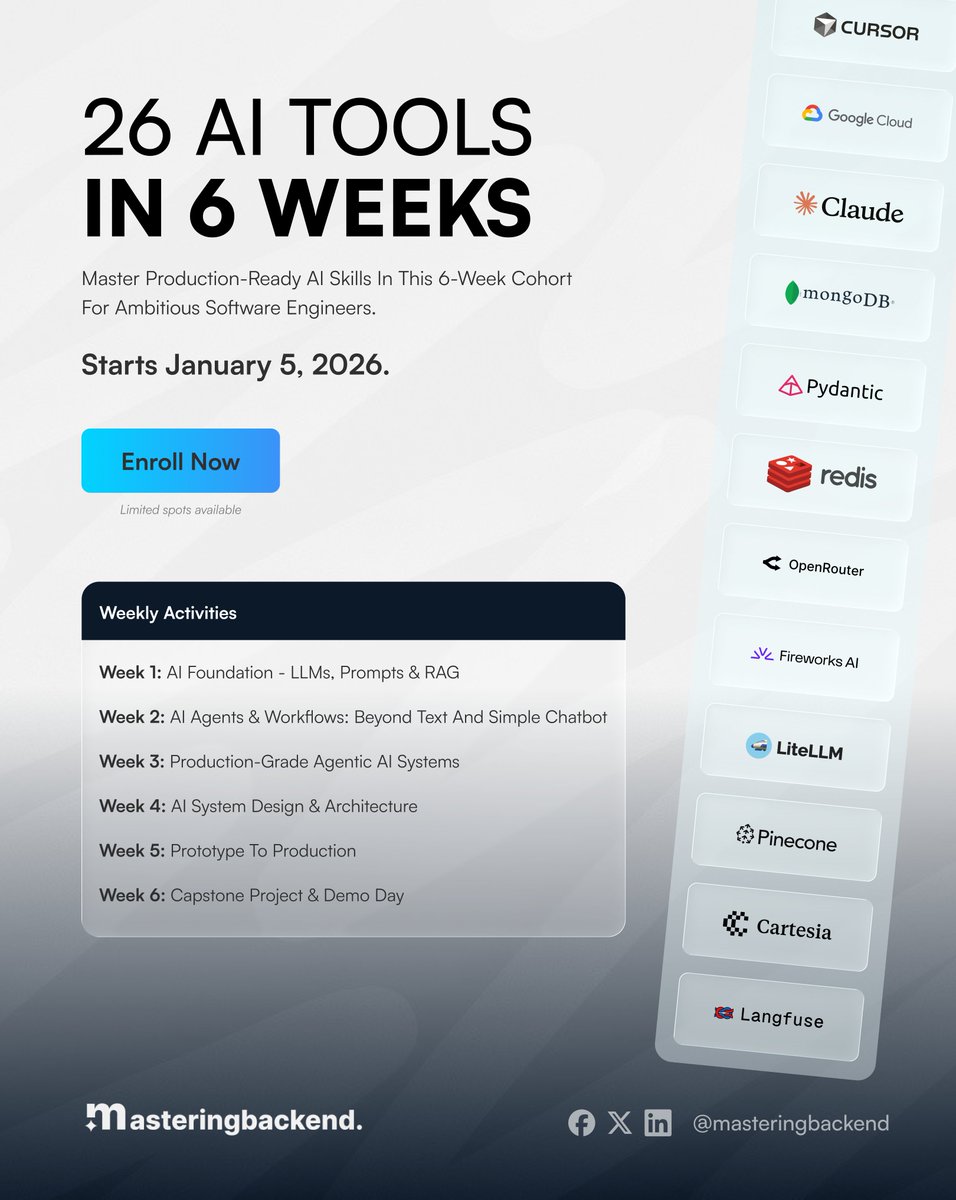 master_backend's tweet image. 26 AI tools. 6 weeks. One production-ready skillset.

Join our 6-week AI Engineering cohort designed for ambitious software engineers.
Learn LLMs, agents, system design, and take ideas from prototype to production.

Starts January 5, 2026
Enroll now masteringbackend.com/ai-bootcamp