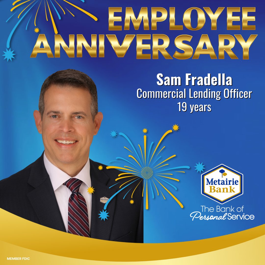 🎉𝐇𝐚𝐩𝐩𝐲 𝐀𝐧𝐧𝐢𝐯𝐞𝐫𝐬𝐚𝐫𝐲🎉

This week, we'd like to congratulate Keri Domingo on 22 years and Sam Fradella on 19 years. Thank you all for the hard work you contribute to the team! 

#CommunityBank #WeConnectWithYou #Metairie #NewOrleans #Mandeville #Covington