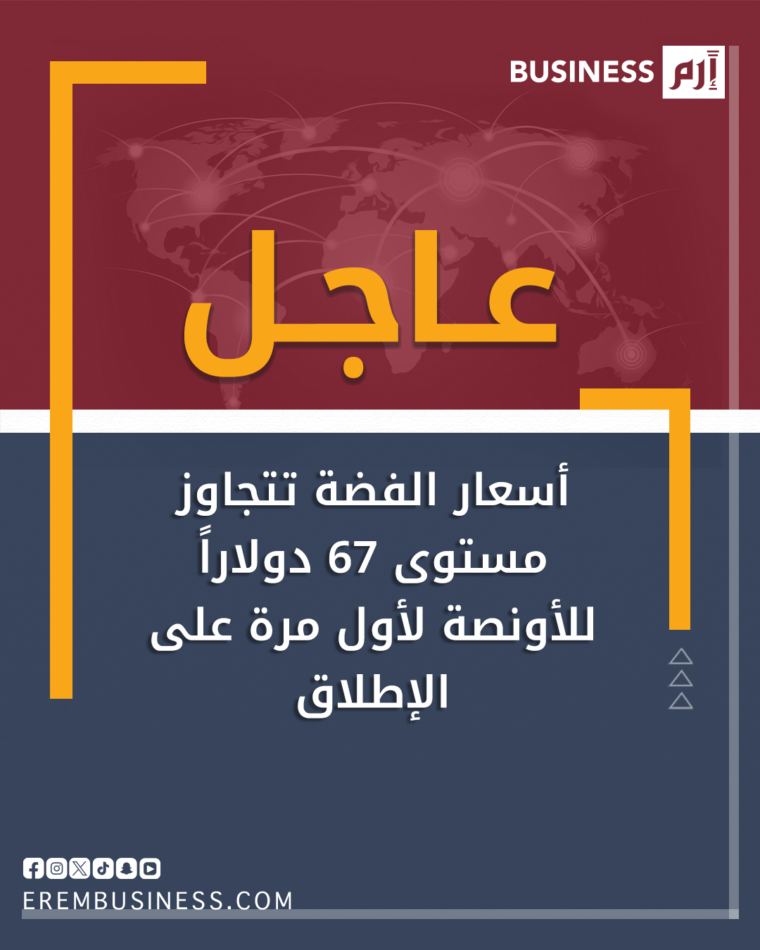عاجل أسعار الفضة في المعاملات الفورية تواصل الصعود وتتجاوز مستوى 67 دولاراً للأونصة لأول مرة على الإطلاق 