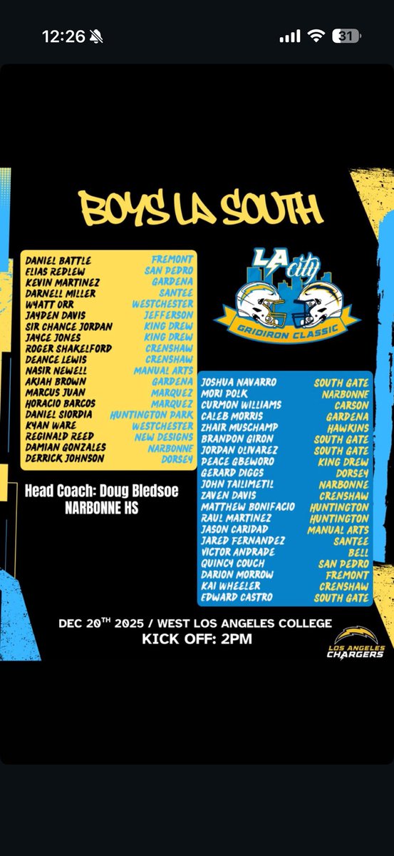 LACitySection's tweet photo. The South Roster for the LA City Gridiron Classic has been announced. Kickoff at 2pm tomorrow. https://t.co/F5iT6CLTIh