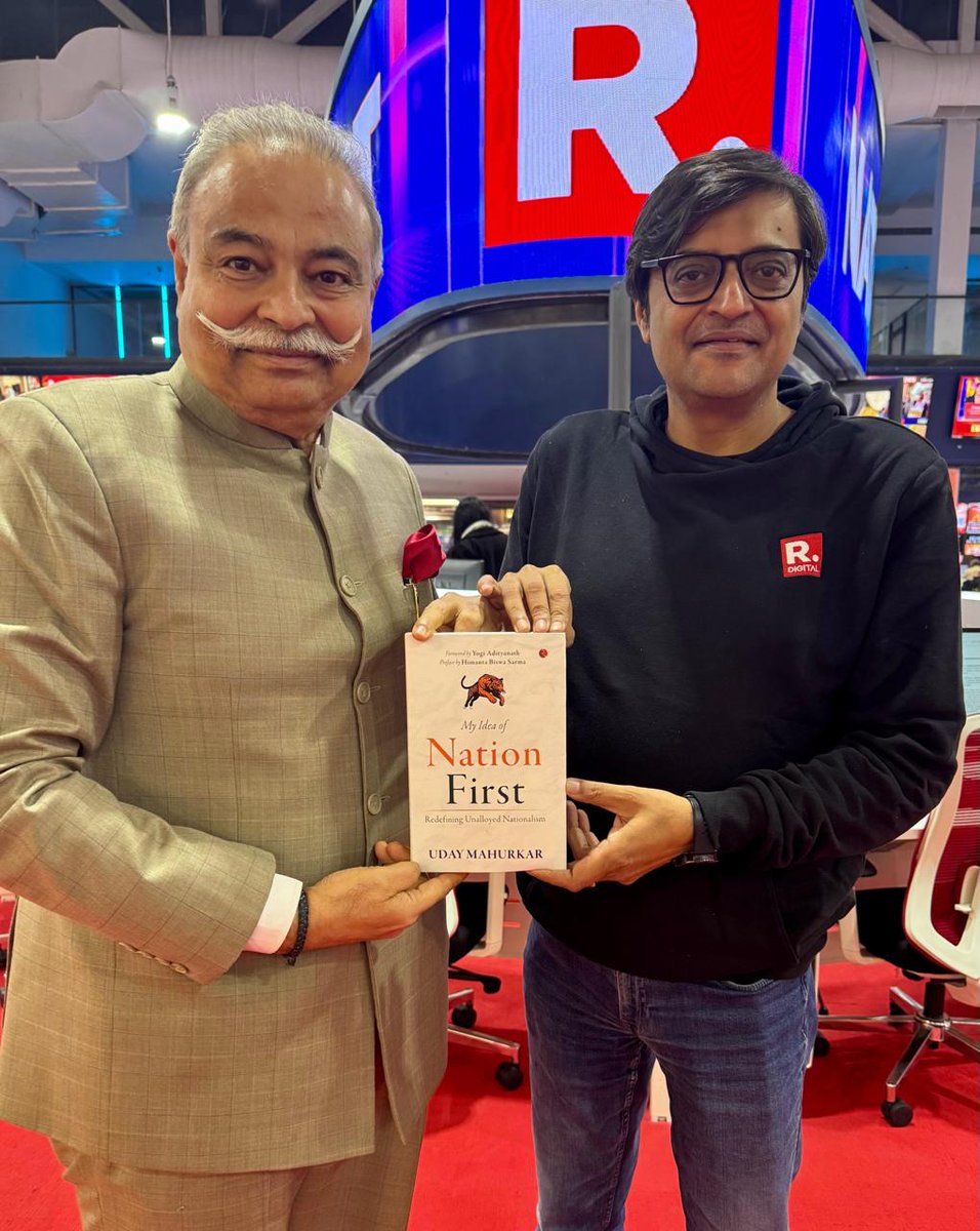 republic's tweet image. Arnab: It was a privilege to have @UdayMahurkar on our campus this week and spend such meaningful hours together. From the heart, as an uncompromising nationalist, he has inked a fantastic  book rooted in the spirit of Nation First. He has always been a man of unwavering…