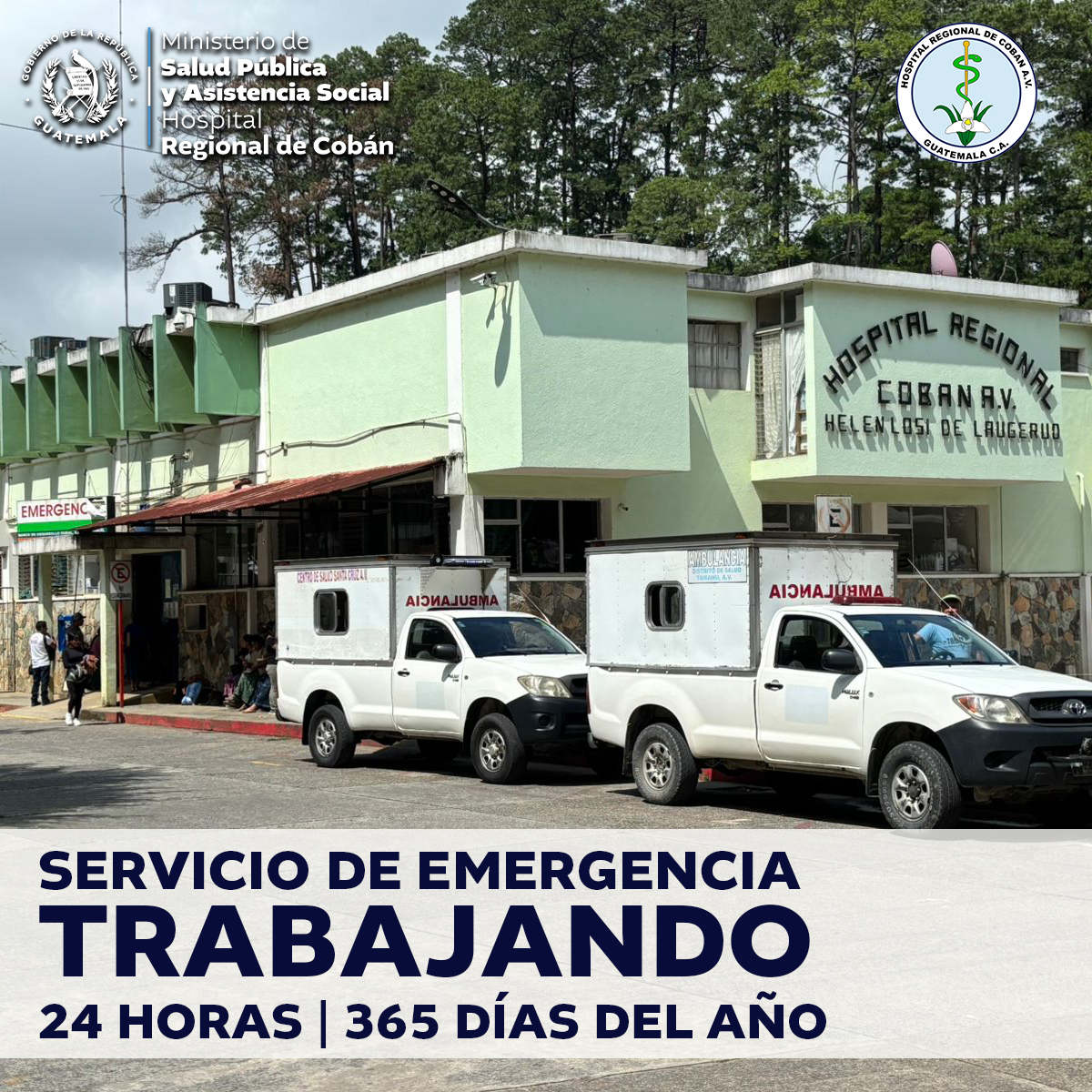 Emergencia | Hospital Regional de Cobán
Nuestra emergencia no descansa.
Está al servicio de la población las 24 horas, los 365 días del año.
Para el servicio de emergencia no hay asuetos, solo turnos.
