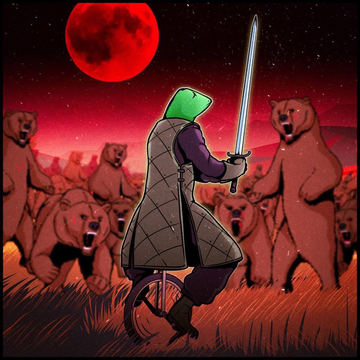 DatBoiPepeKlr's tweet image. 🌕🐸⚔️ behold… dat boi, armored &amp;amp; unicycling thru the bear market…the red moon rises, the horde roars, but he rides on. DAT BOI — the knight of the cycle.