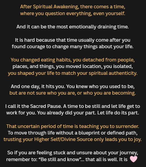After spiritual awakening, the pause, a time you feel stuck, has a sacred purpose. Don't fight it. Struggling in your awakening? Let's talk. Calendly link in bio ❤️🙏 #spiritualawakening #fridayfeels #fridayvibes #ascensionsymptoms #awakening #lightworkers #chosenone #qotd #fyp