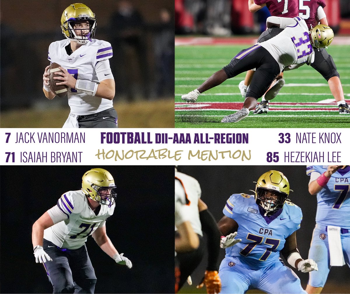 CPALionsSports's tweet image. Congratulations to our 🏈 FOOTBALL players on their Division II-AAA All-Region honors.
First Team:
Preston Patterson, LB
Owen Cabell, WR
Rawls Patterson, RB
Skyler Smith, OL
Reeves Claxton, P

Honorable Mention:
Jack VanOrmon, QB
Nate Knox, DL
Isaiah Bryant, OL
Hezekiah Lee, OL
