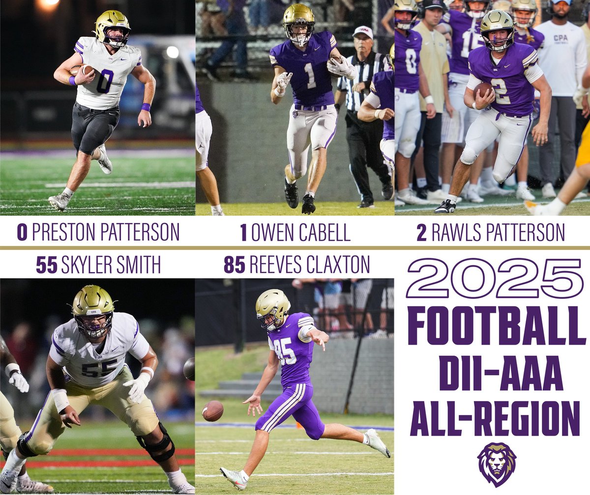 CPALionsSports's tweet image. Congratulations to our 🏈 FOOTBALL players on their Division II-AAA All-Region honors.
First Team:
Preston Patterson, LB
Owen Cabell, WR
Rawls Patterson, RB
Skyler Smith, OL
Reeves Claxton, P

Honorable Mention:
Jack VanOrmon, QB
Nate Knox, DL
Isaiah Bryant, OL
Hezekiah Lee, OL