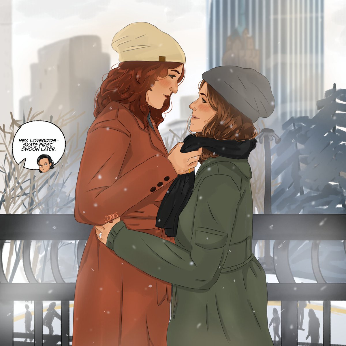 Greta and Carson at wollman rink central park but Jo is annoyed.