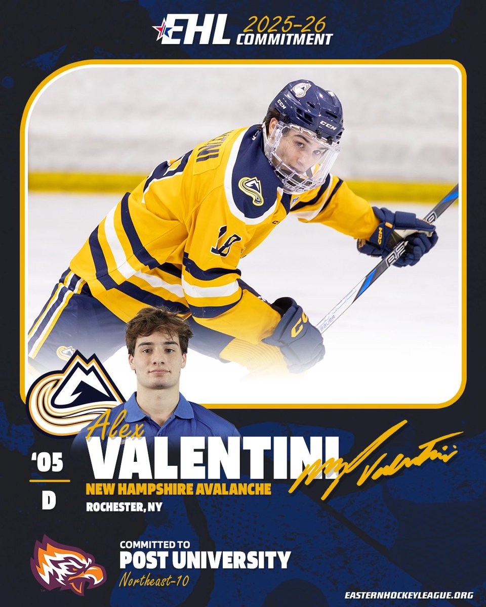 EHL_Hockey's tweet image. Alex Valentini Commits to Post University  

@NHAvalancheEHL Defenseman Climbs Ladder of Development, will join Eagles for the 2026-2027 season.

🔗: easternhockeyleague.org/2025/12/alex-v…

#WherePlayersComeFirst | #DevelopPromoteAdvance