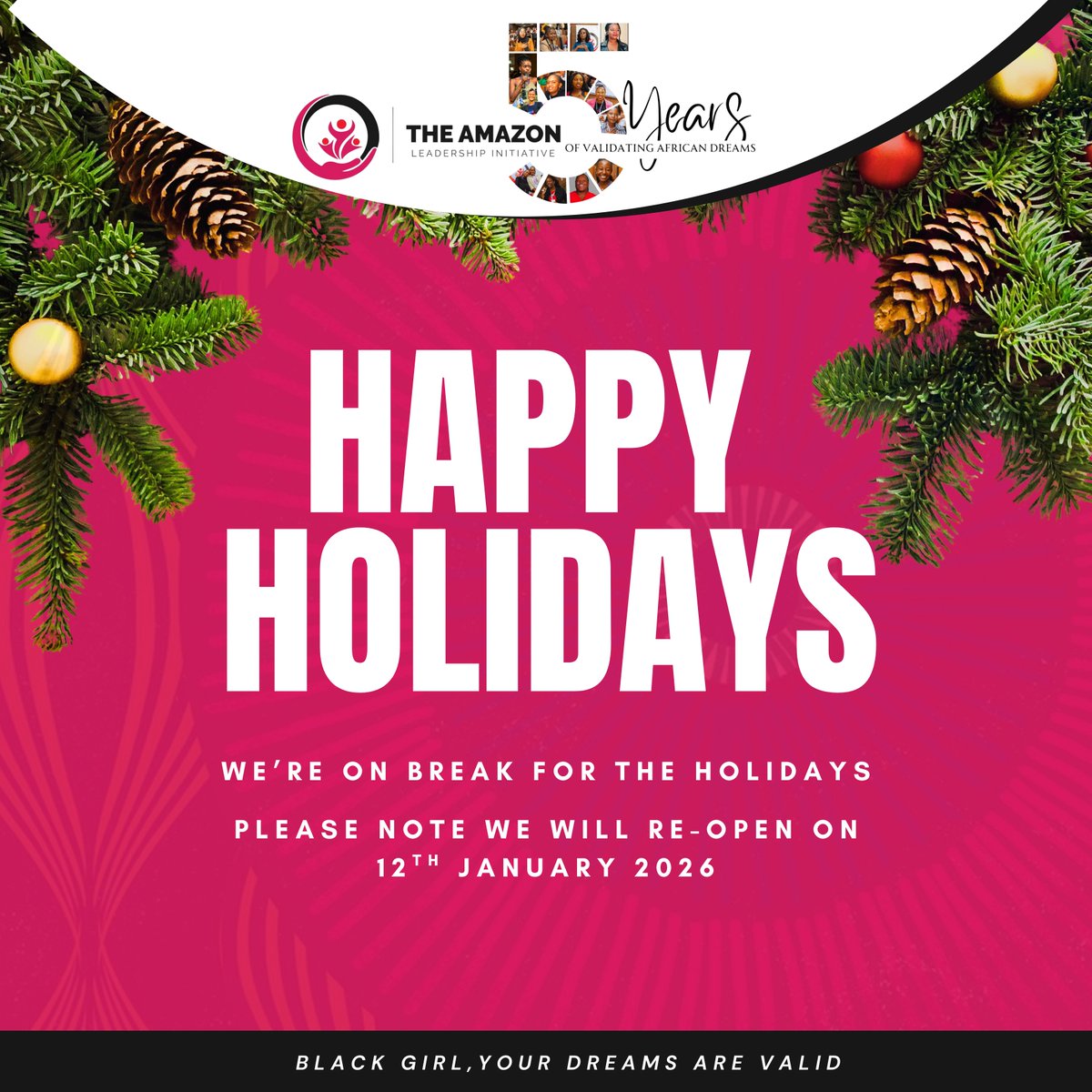 As we wrap up the year, we’re grateful for everyone that has been part of our journey in 2025.
We’re signing off briefly to rest and renew. 
From all of us <a href="/TheALIorg/">The Amazon Leadership Initiative (TheALI)</a> we wish you a peaceful and joyful holiday season.
#BlackGirlYourDreamsAreValid #TheALIat5