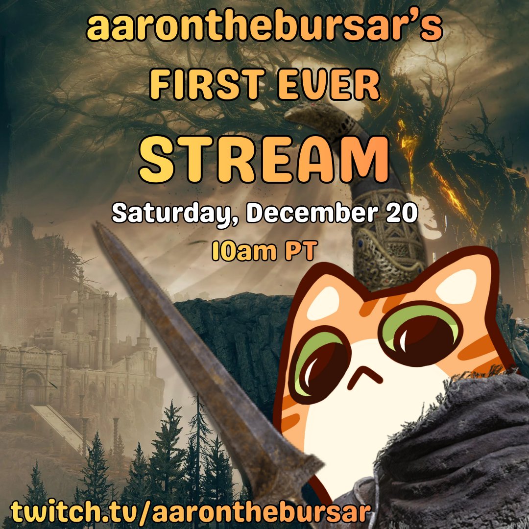 TOMORROW I WILL BE LIVE WITH
<a href="/aaronthebursar/">aaron the bursar</a> 
for his FIRST EVER stream!!  
we are going to be continuing our Elden Ring run <3 (this is aaron's first time playing ER as well)!  

make sure you tune in around 10am PT at twitch.tv/aaronthebursar
