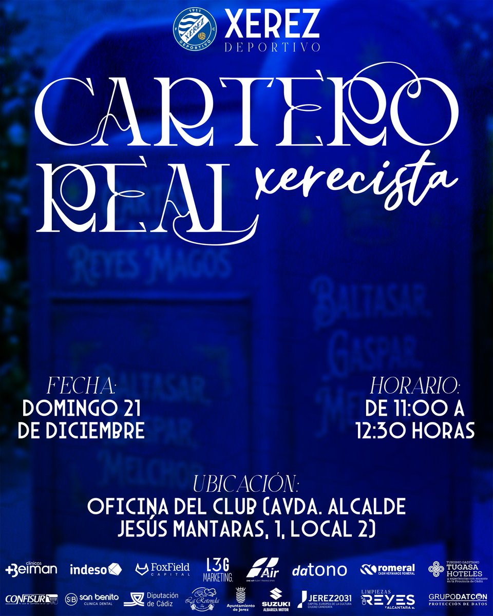 XerezDFC's tweet image. 👑📮 El Cartero Real de S.S.M.M. Los Reyes Magos recogerá las cartas de los niños xerecistas en la previa del #XerezDeportivoLorca

📌 En la oficina del club (Avda. Alcalde Jesús Mantaras, 1, Local 2)
⌚️ De 11:00 a 12:30 horas

🙌 ¡Aprovecha y trae tu carta a los reyes!