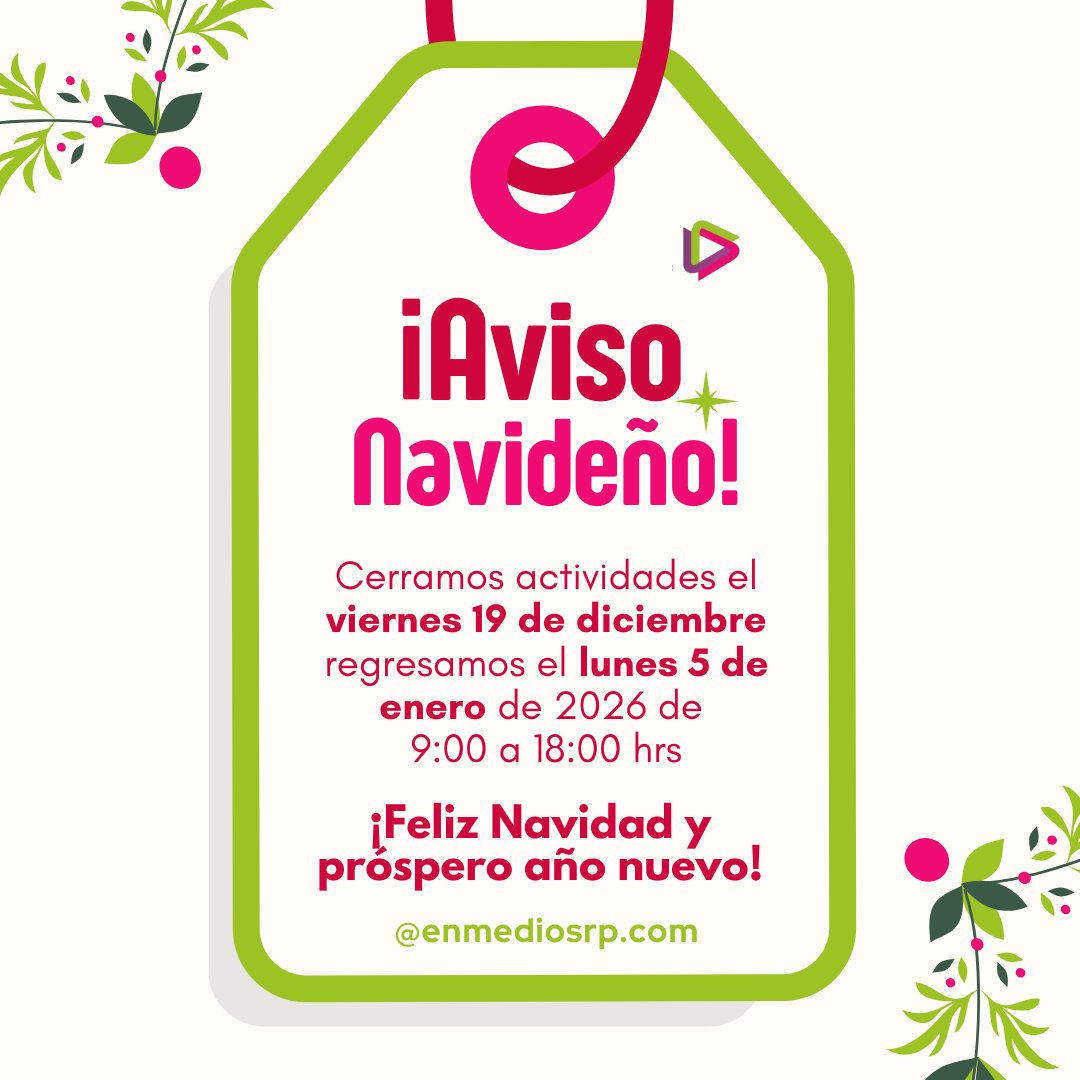 📢 Anuncio #EnmediosRP

Nos vemos el 5 de enero de 2026

¡Feliz navidad y próspero año nuevo, que sean días de mucha alegría para todos! 🎁🎄✨

#EnmediosRP #Navidad2025 #FiestasDecembrinas