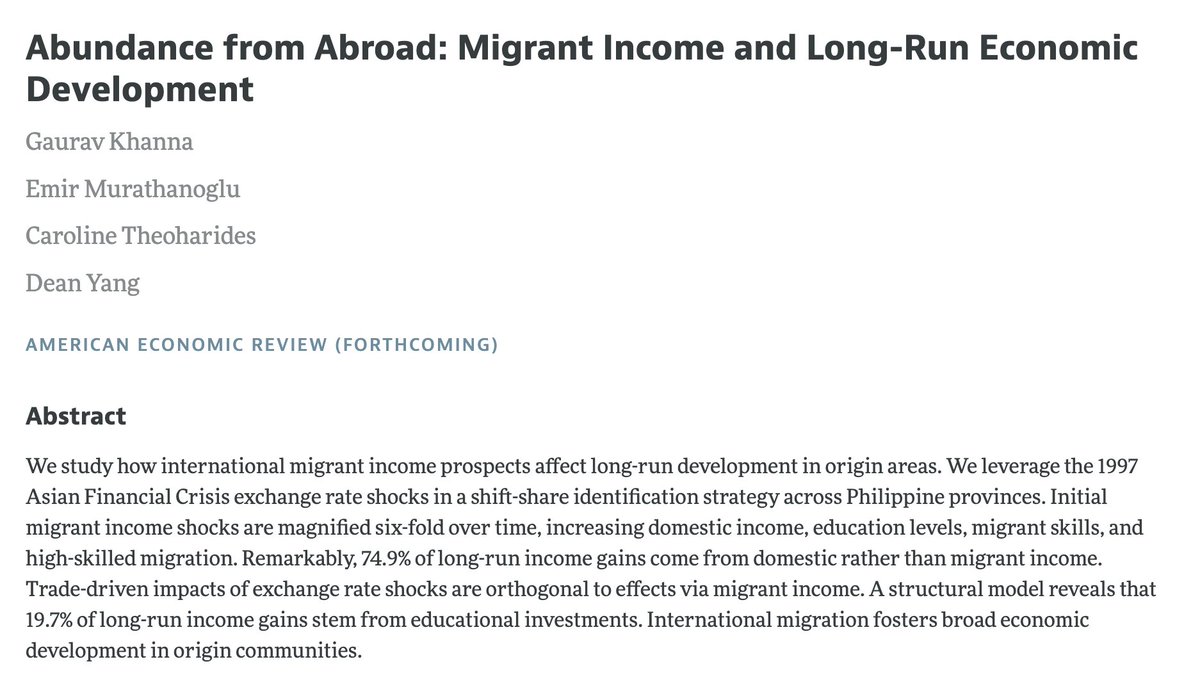 Migration from poor to rich countries leads to massive income gains for migrants + remittances back home. But isn't there a trade-off here with long-run growth in the country of origin?

This new <a href="/AEAjournals/">AEA Journals</a> paper might be the best causal evidence we have, &amp; suggests not