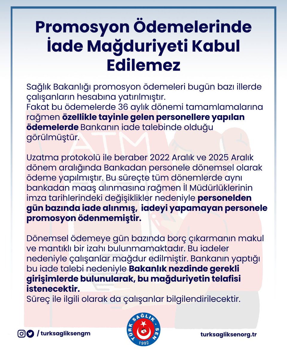 turksagliksengm's tweet image. Promosyon Ödemelerindeki İade Mağduriyeti

Açıklamamız👇