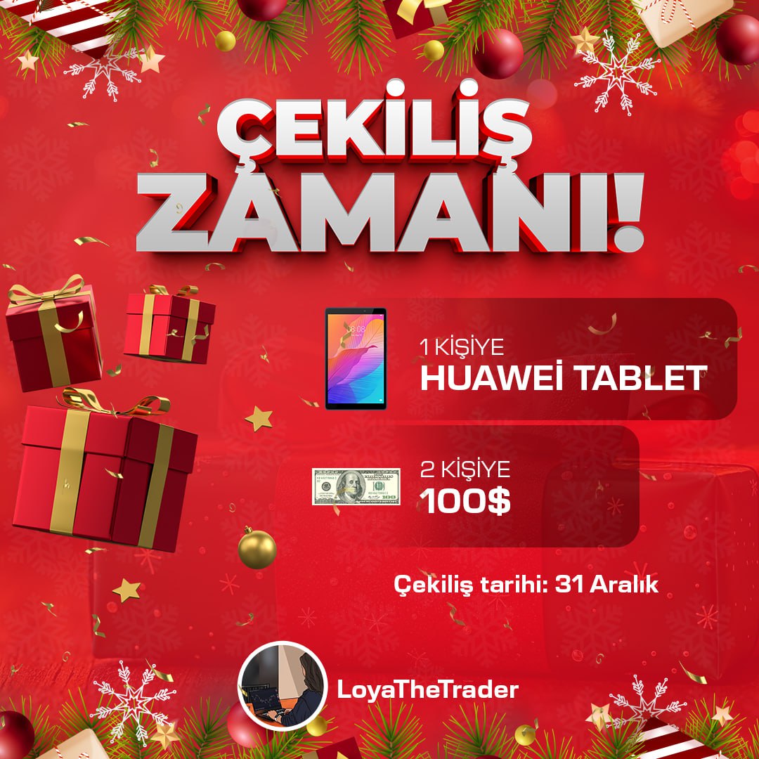 LoyaTheTrader's tweet image. 🎁BÜYÜK ÇEKİLİŞ🎁
Toplam 20.000 ₺ değerinde ödül!

 🏅1 kişiye Huawei Tablet
 🥈2 kişiye 100 $

 📌Katılım Şartları:
 ✅Hesabı takip et
 ⭐️Bu tweeti RT yap
 🌍Bildirimleri aç
 💬Yorumlara 3 arkadaşını etiketle

 ⏰Tüm adımları tamamla ve çekilişe katıl!

 31 Aralık – Saat 21:00
