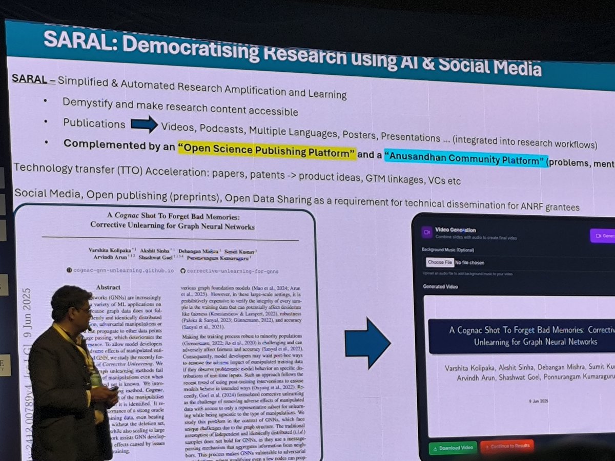 ikddcods's tweet photo. AI is redefining the journey from deep science to deep tech. From #simulations to real-world impact. #SARAL, a platform that turns research papers into videos to #democratize science: https://t.co/nDJ2pPFp0M.
Shared by S. Kalyanaraman (#ANRF, GOI) during his keynote at #CODS2025 https://t.co/qBFFVgtk7K