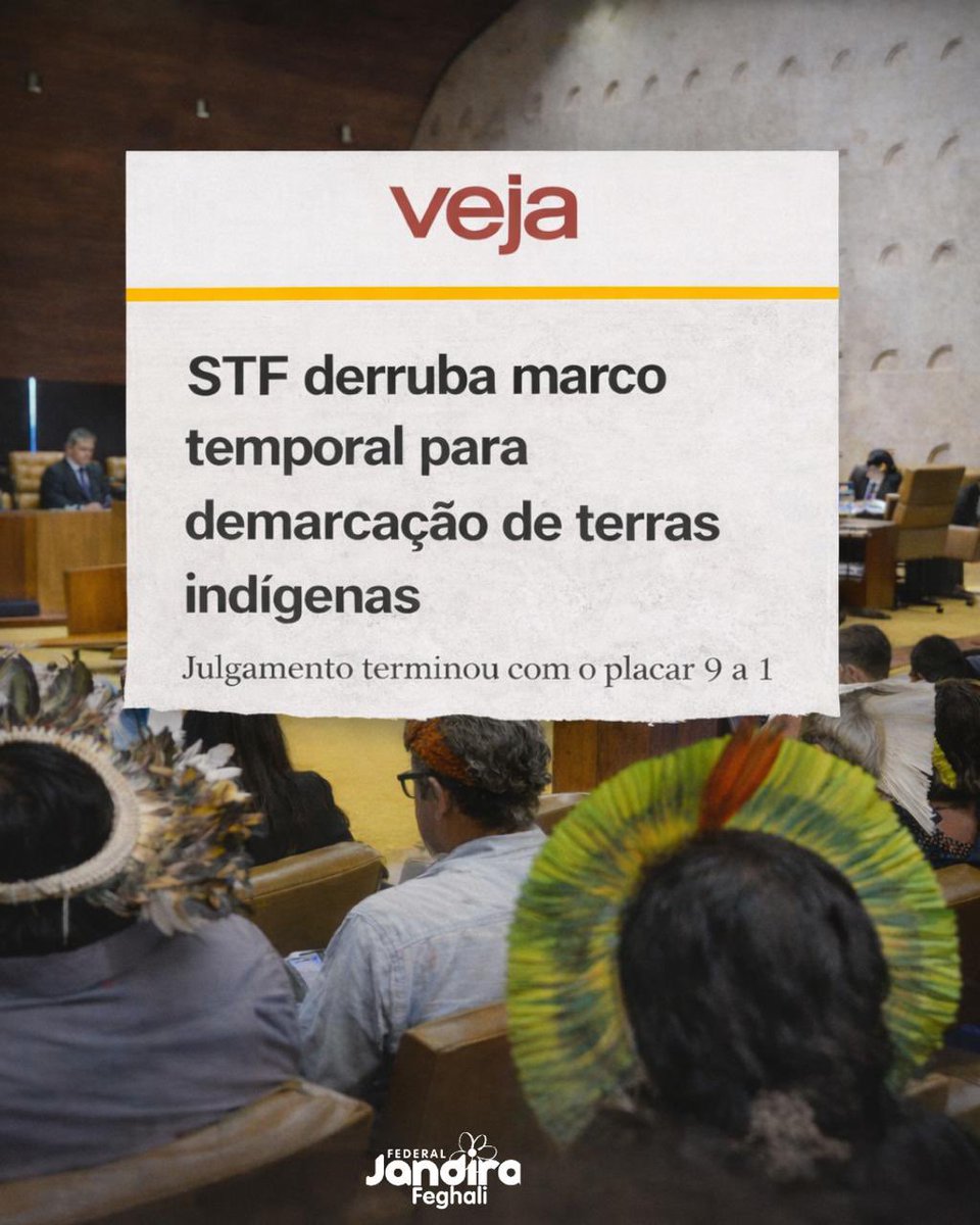 jandira_feghali's tweet photo. O STF derrubou o marco temporal e reafirmou o que diz a Constituição. Terra indígena é direito originário, não concessão do Estado. Essa decisão destrava demarcações paradas há anos e enfrenta uma tentativa injusta de apagar a história dos povos originários. É uma vitória da Constituição, da justiça e da vida indígena.
