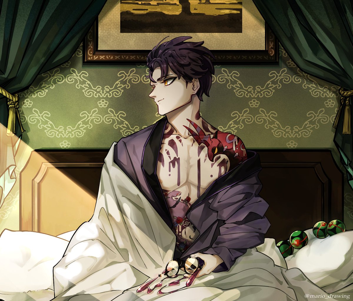 めっちゃええ目覚めやったわ。
Now that was a surprisingly good night’s sleep.

何号室にお泊りになったんですか、組長…？
What room number did he stay ??? 
#カラスバ #corbeau #ポケモンレジェンズZA #PokemonLegendsZA