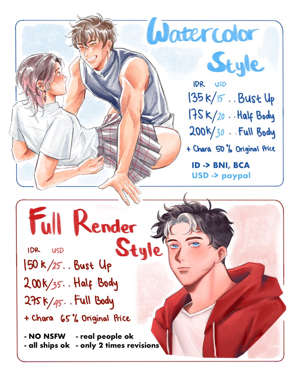 arararaiv's tweet image. Hi hi~ my commissions are finally open again! (ﾉ◕ヮ◕)ﾉ*:･ﾟ✧

this time we have:
✨Shikishi (8 slots), idr only!
✨Watercolor style (5 slots), idr &amp;amp; usd ok!
✨Full render style (3 slots), idr &amp;amp; usd ok!

More info on gform, link attached below,
 thank you lovelies! ♪(´▽｀)