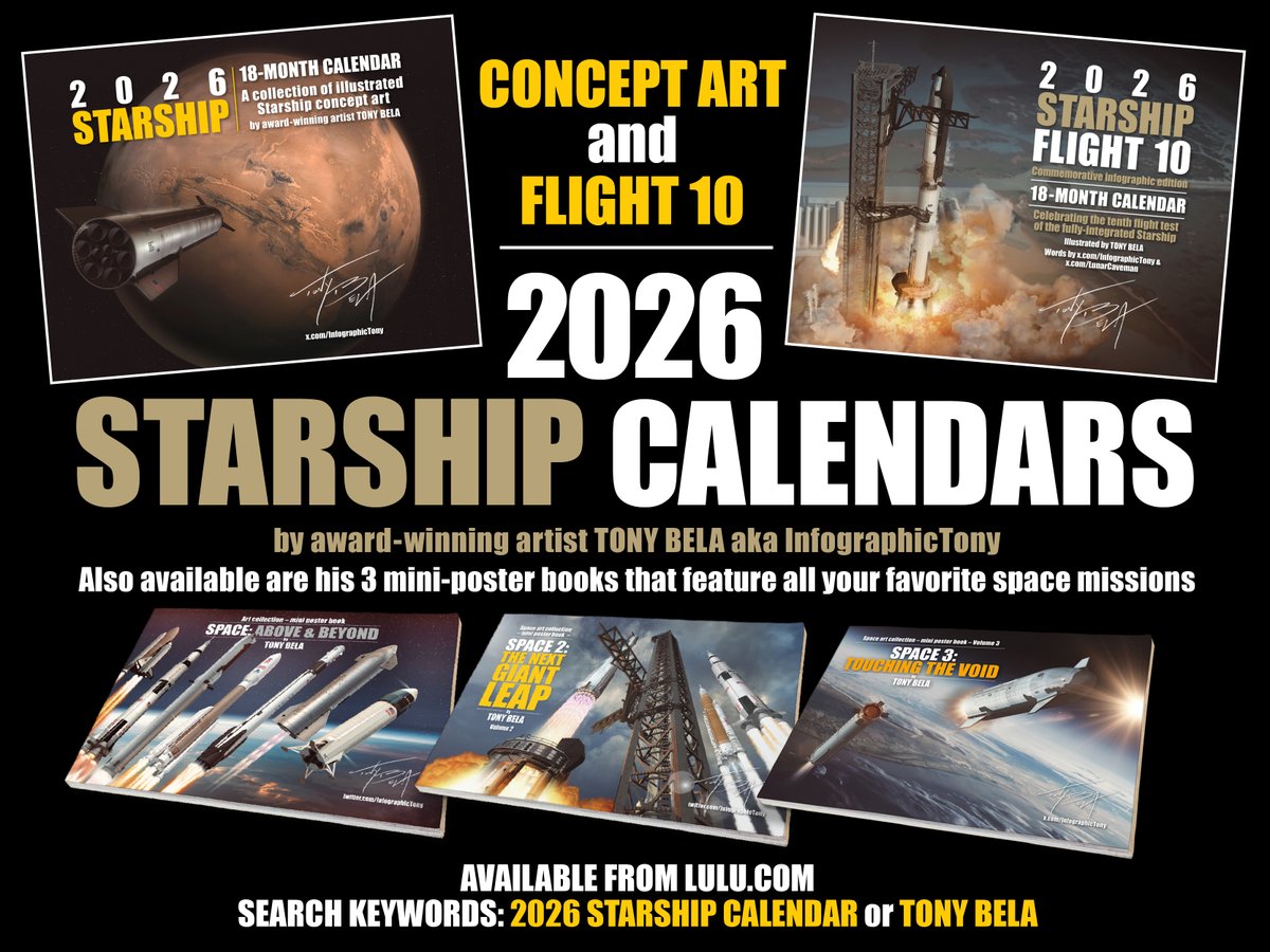 InfographicTony's tweet image. There is still plenty of time to order your 2026 (18-month) calendar. I have two different kinds to choose from. Also, while you're there on Lulu (search my name, Tony Bela), check out my three mini poster books filled with many of your favorite space missions up to now. Your…