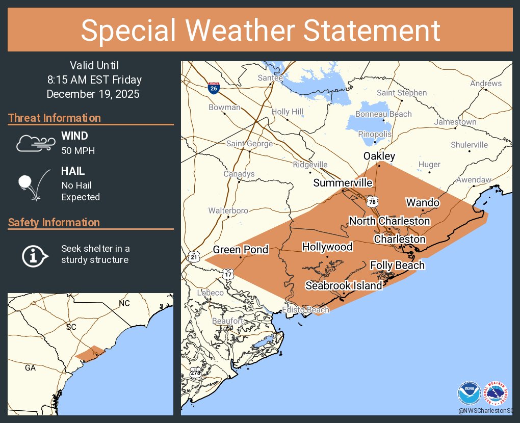 A special weather statement has been issued for Charleston SC, North Charleston SC and  Mount Pleasant SC until 8:15 AM EST