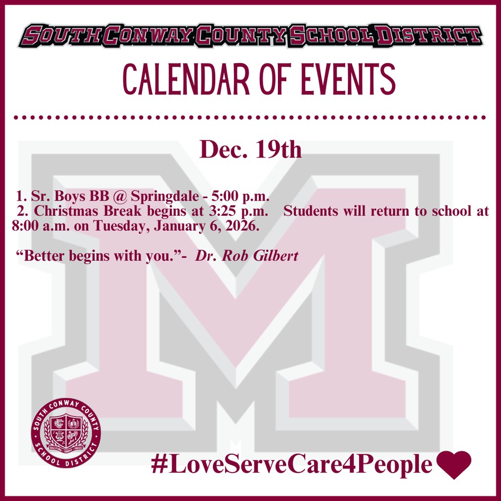 mhsdevildogs's tweet image. Dec. 19th Event Calendar

 1. Sr. Boys BB @ Springdale - 5:00 p.m.
 2. Christmas Break begins at 3:25 p.m.   Students will return to school at 8:00 a.m. on Tuesday, January 6, 2026.  

 “Better begins with you.”-  Dr. Rob Gilbert
