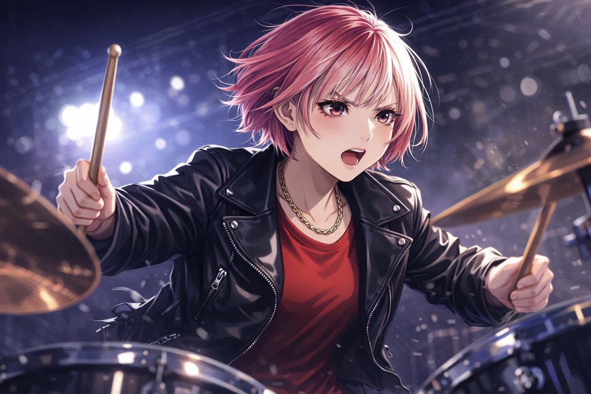 aro_oyu's tweet image. チャッピーに自分の中のイメージ伝えて、ドラムを叩く赤髪ショート外ハネおゆのイラスト作ってもらったけど、やっぱり実物想像おゆのかっこよさには勝てへん🤦‍♀️🩷
@oyuu_002 

#音癒
#drams