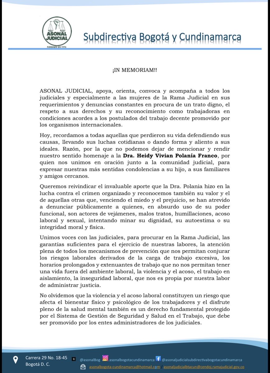 🕊️ IN MEMORIAM
Honramos la valentía de la Dra. Heidy Vivian Polanía Franco.
¡Por un trabajo digno y libre de violencia! ✊⚖️
#InMemoriam #JusticiaDigna #ASONALJudicial #NoMásViolenciaLaboral