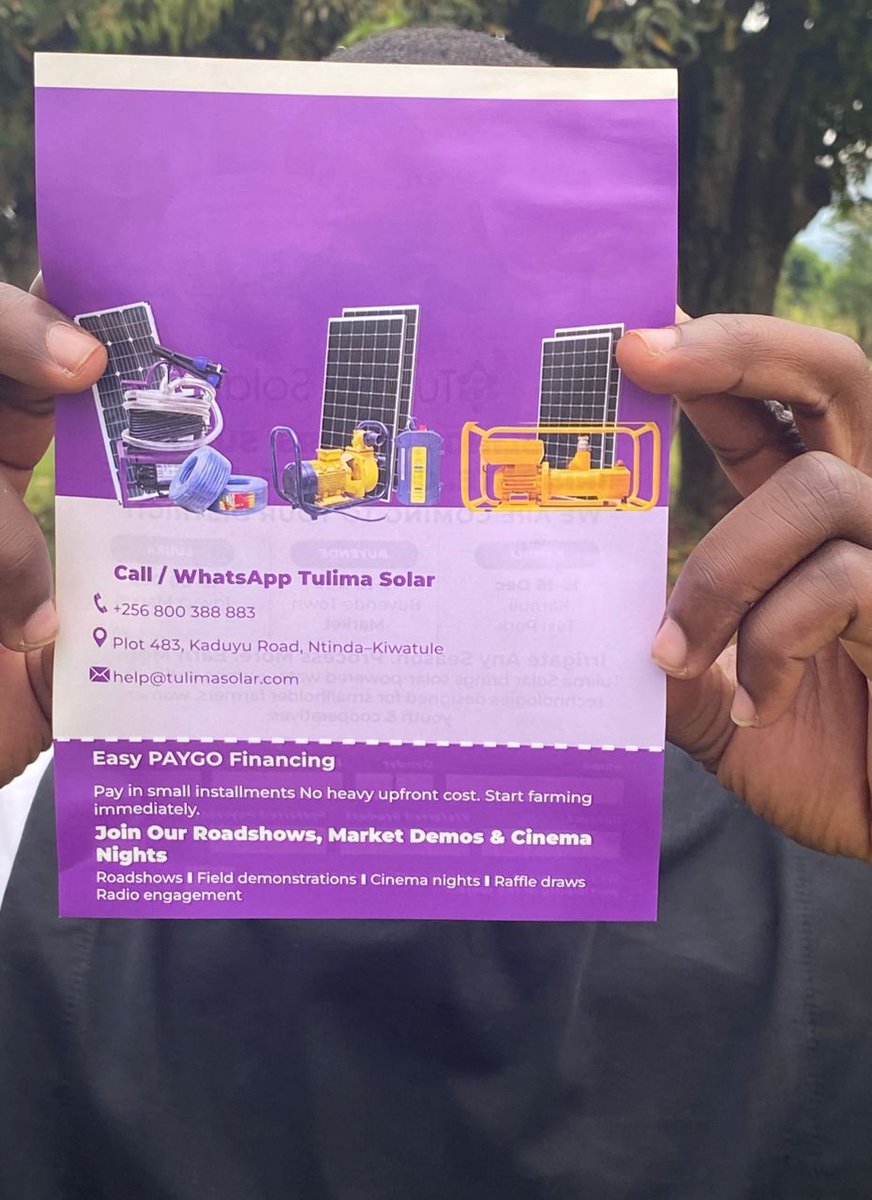 Stop waiting for the rain! 🌧️ ➡️ ☀️
@Tulima brings you reliable solar-powered irrigation pumps designed for smallholder farmers and cooperatives. Boost your productivity and earn more by farming every season.

💰 Pay-as-you-go: Small installments make it affordable for everyone.