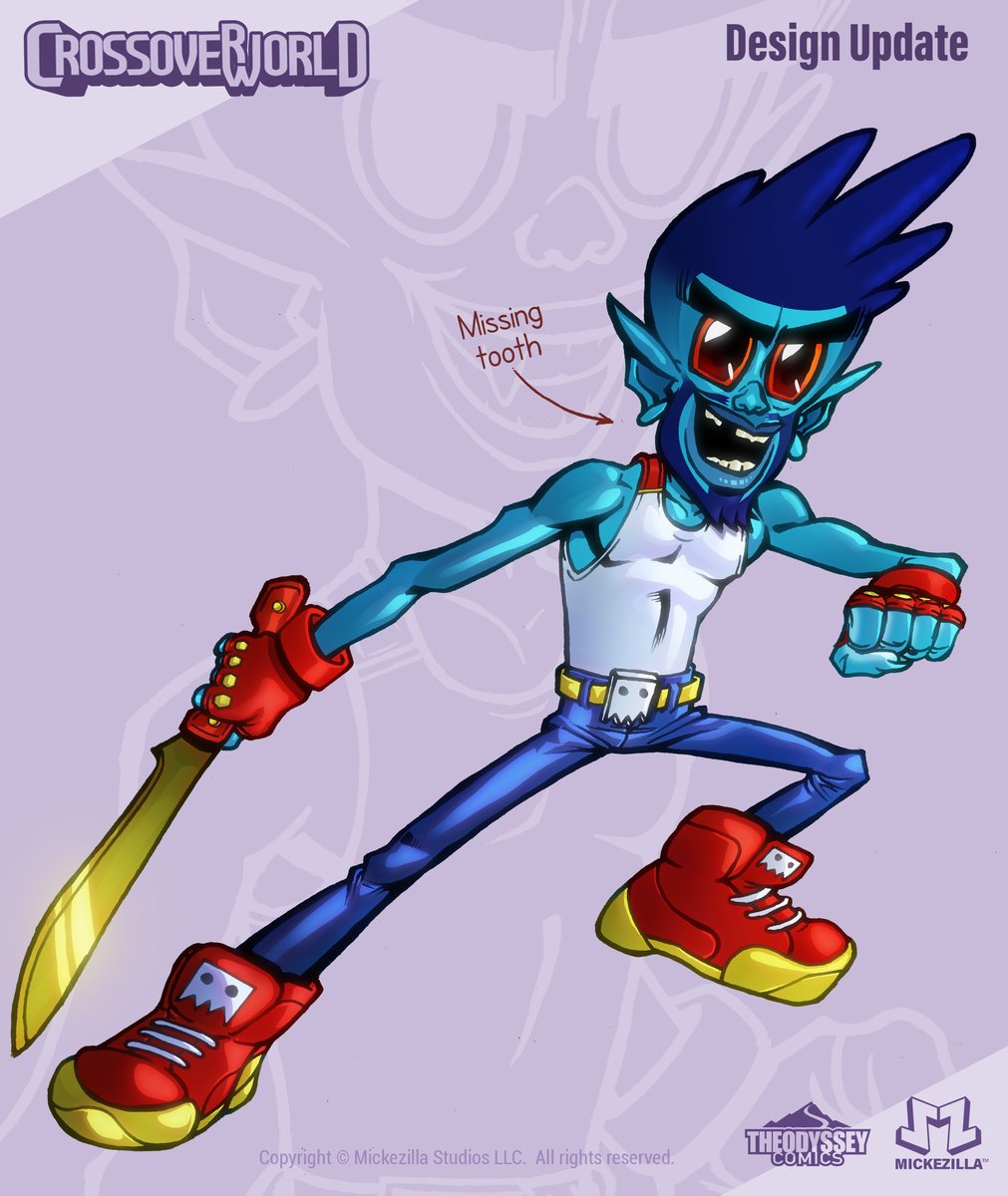 Mickezilla's tweet image. Applied the new design tweak to Dirk’s full-body action pose, battle-damaged versio, and the various fits for consistency. Tweaked  Dirk's Lass  as well.

#DirkTheDuppy #CrossoverWorld #CharacterDesign #OCArt #Mascoteer #ConceptArt #ActionPose #WeaponDesign #IndieComics