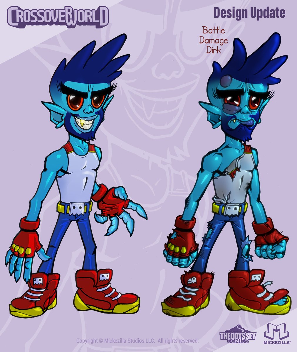Mickezilla's tweet image. Applied the new design tweak to Dirk’s full-body action pose, battle-damaged versio, and the various fits for consistency. Tweaked  Dirk's Lass  as well.

#DirkTheDuppy #CrossoverWorld #CharacterDesign #OCArt #Mascoteer #ConceptArt #ActionPose #WeaponDesign #IndieComics