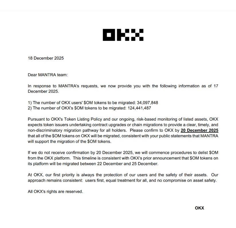 Dear OKX,

Thank you for your email dated 18 December 2025, and for your assistance in helping MANTRA to understand the $OM tokens held by OKX users and held by OKX directly.  We fully support your efforts to ensure that all token issuers undertake contract upgrades or chain