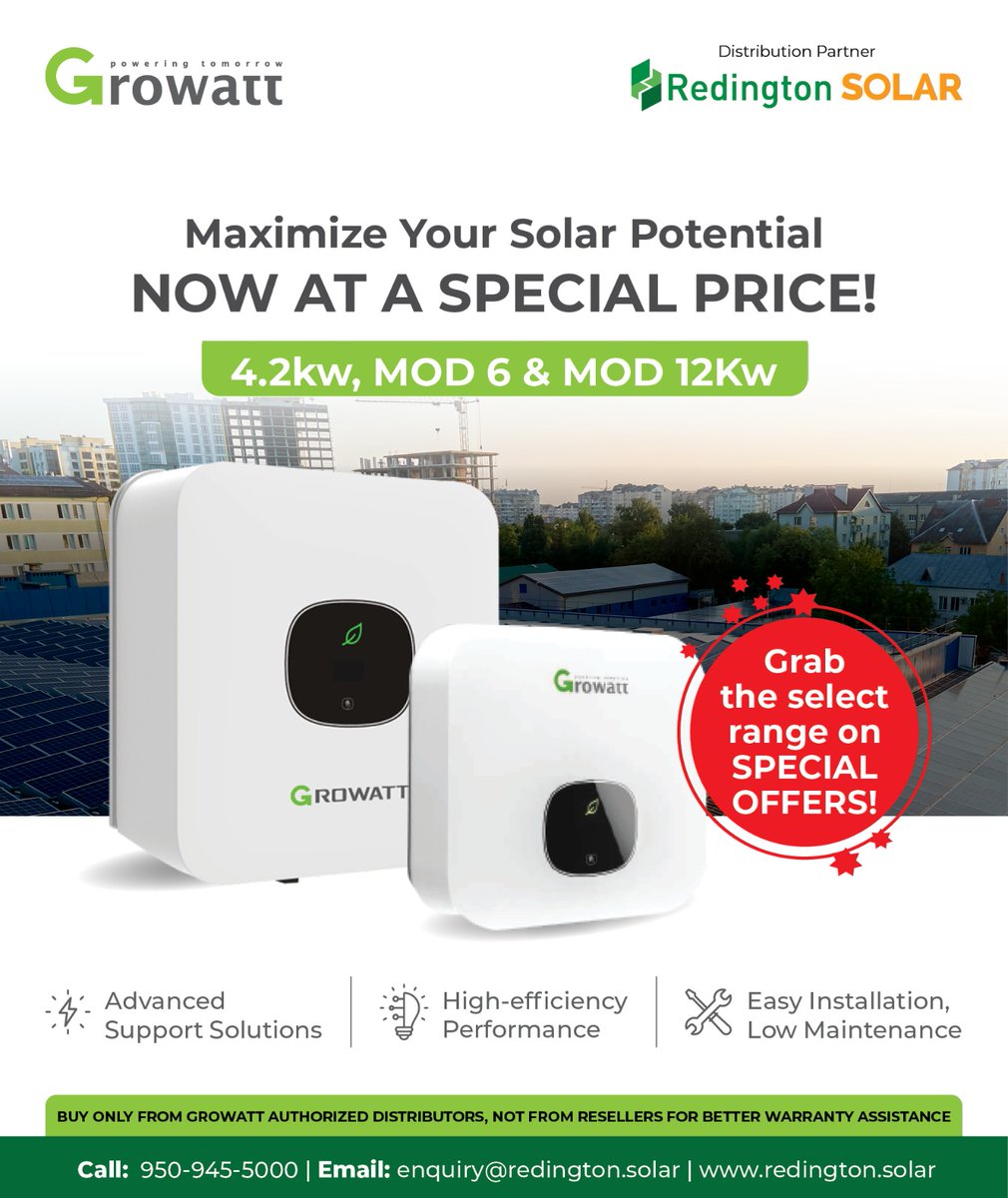 Redington_solar's tweet image. Boost your solar installs with Growatt inverters—4.2 kW, MOD 6kW &amp;amp; MOD 12 kW—now at special prices.
High efficiency, easy installation &amp;amp; trusted support via Redington Solar.
Limited-time offers! 
#Growatt #RedingtonSolar #SolarInverters #CleanEnergy
