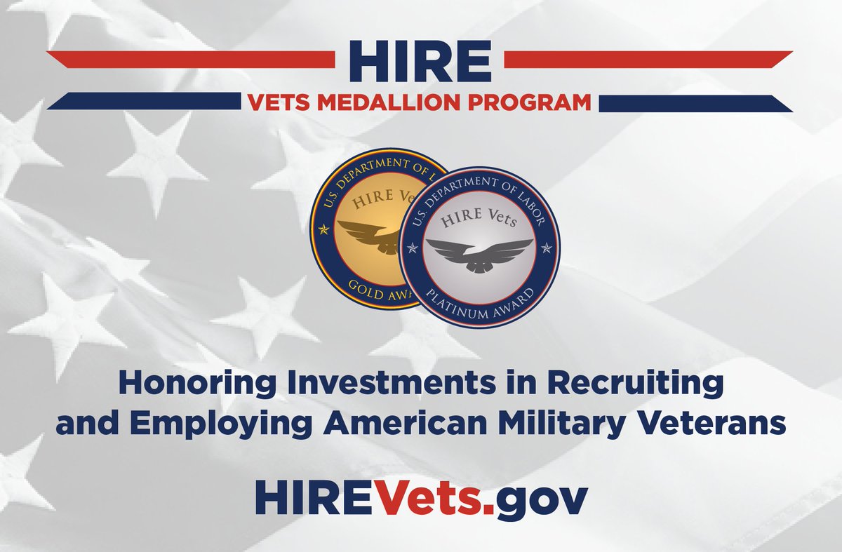 Employers, the <a href="/USDOL/">U.S. Department of Labor</a> HIREVets Medallion Program recognizes job veteran-friendly employers who recruit, employ &amp; retains our nation’s heroes. Does that sound like you? The application window iz January through April 30. 🔗 HireVets.gov #HireAVeteran