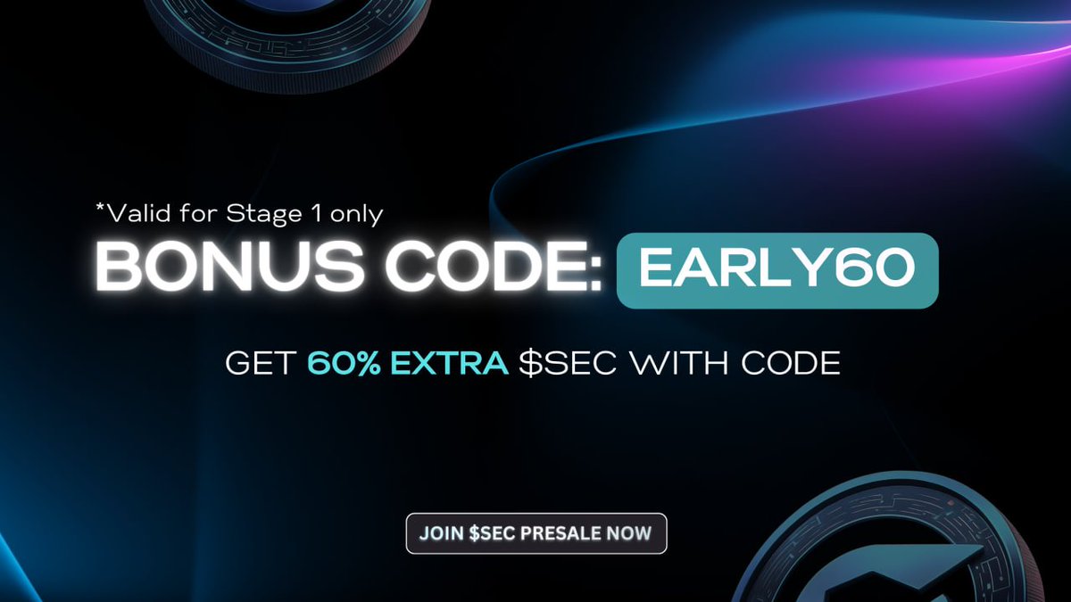 SecuryWallet's tweet image. ⌛️ Limited Time Offer! ⌛️

Use EARLY60 and get 60% extra $SEC tokens! 🎁

*Valid for Stage 1 only.

Join the $SEC presale now
👉🏻 presale.securywallet.com

#SecuryWallet #ChatToPay #Presale #UtilityProject #Multichain #CryptoWallet #Web3