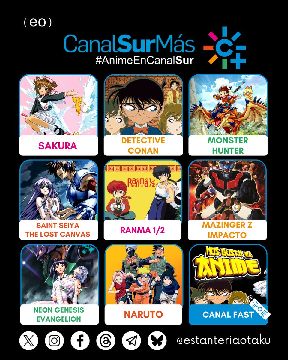 ✅ Actualización de anime disponible en #CanalSurMás:

🌸 Sakura
🤓 Detective Conan
🐉 Monster Hunter
⭐ Saint Seiya: TLC
🤖 Mazinger Z Impacto
🐼 Ranma 1/2
💥 Evangelion
🍥 Naruto

📺 Canal FAST "Nos gusta el anime"

📲 Se pueden ver en canalsurmas.es o en su app.