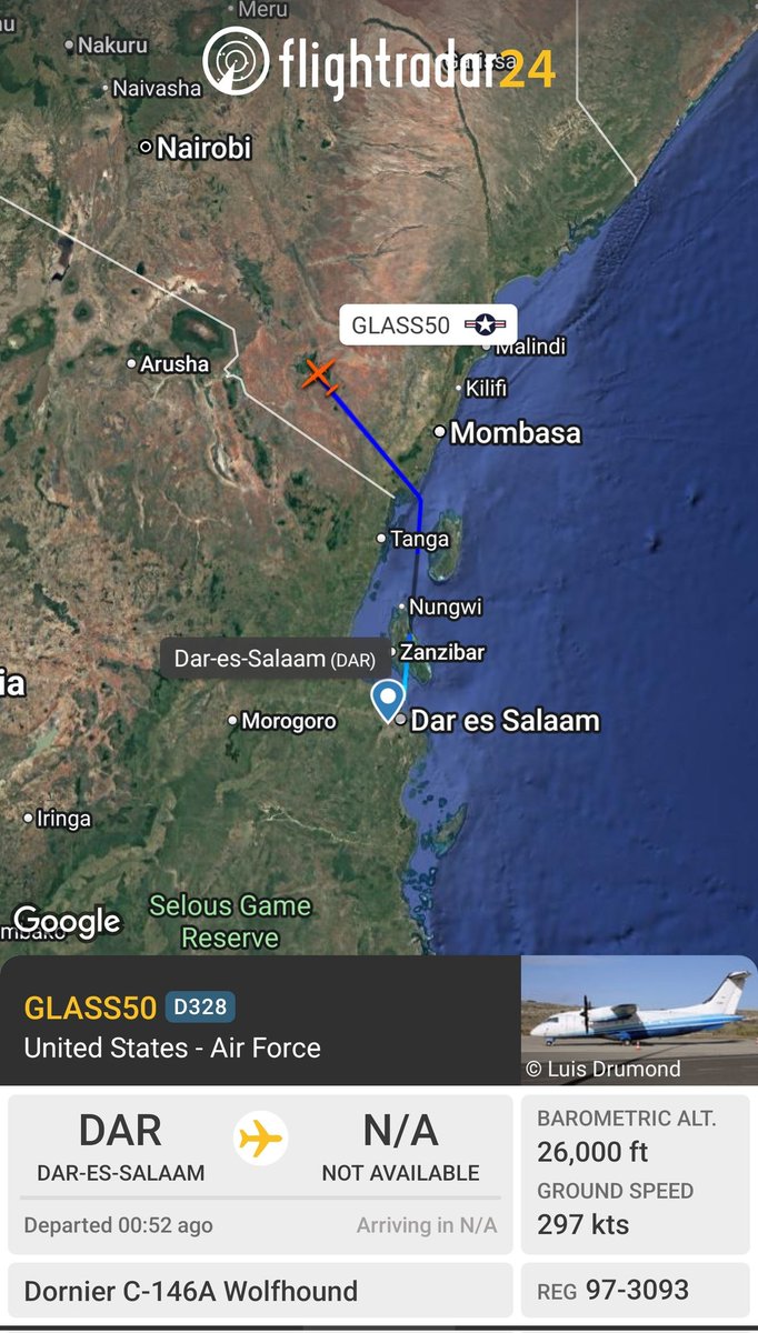 sipjack1776's tweet photo. Dornier C-146A Wolfhound πΊπ²
USAF SpecOps Command
#AE68AF/97-3093/GLASS50
Out of Dar-es-Salaam tracking NW over SE Kenya.
@Borrowed7Time @Dinlas3 @norb420 https://t.co/9aOtk4Fyza