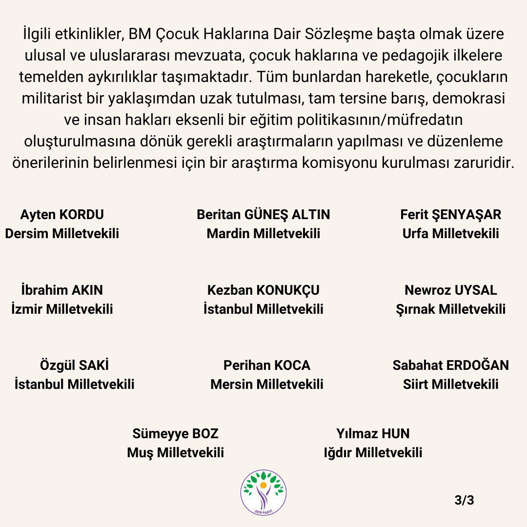 Son günlerde birçok okulda ve kreşte Yerli Malı Haftasının İHA ve SİHA tanıtımlarıyla "kutlanmasının" çocuk hakları ve pedagojik ilkelerle bağdaşır hiçbir yanı yoktur!

Bu etkinliklerin araştırılması ve eğitim politikalarının militarist yaklaşımdan arındırılması gerekmektedir!