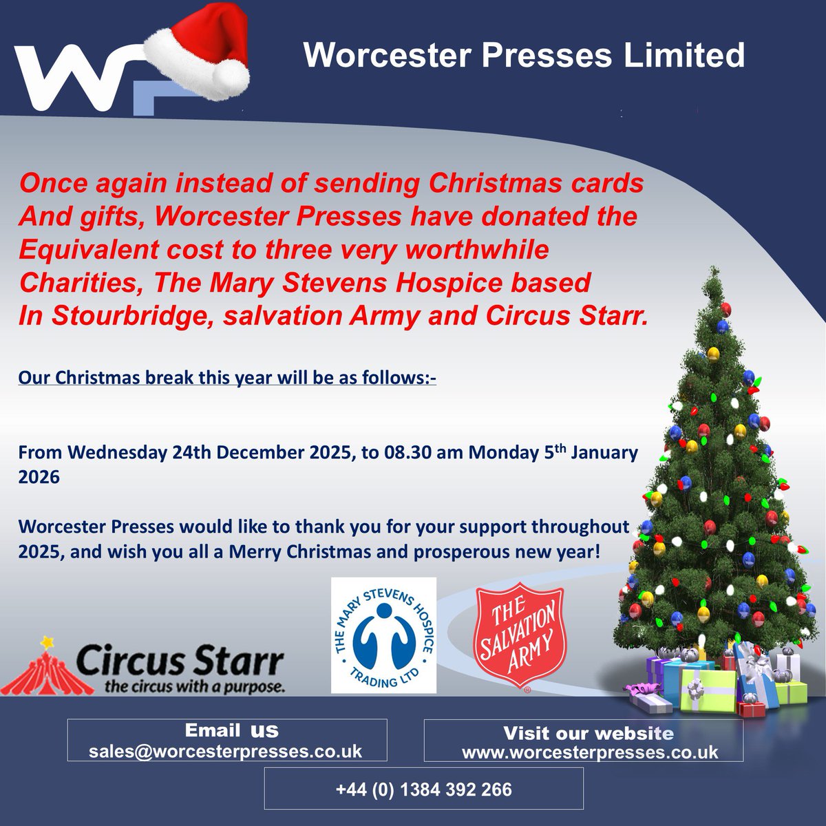 As the year comes to a close, Worcester Presses want to say thank you to all of our amazing customers for your support.🎄🤶

We wish you and your loved ones a very Merry Christmas and a Happy New Year filled with health, happiness, and success.

We look forward to the year ahead!