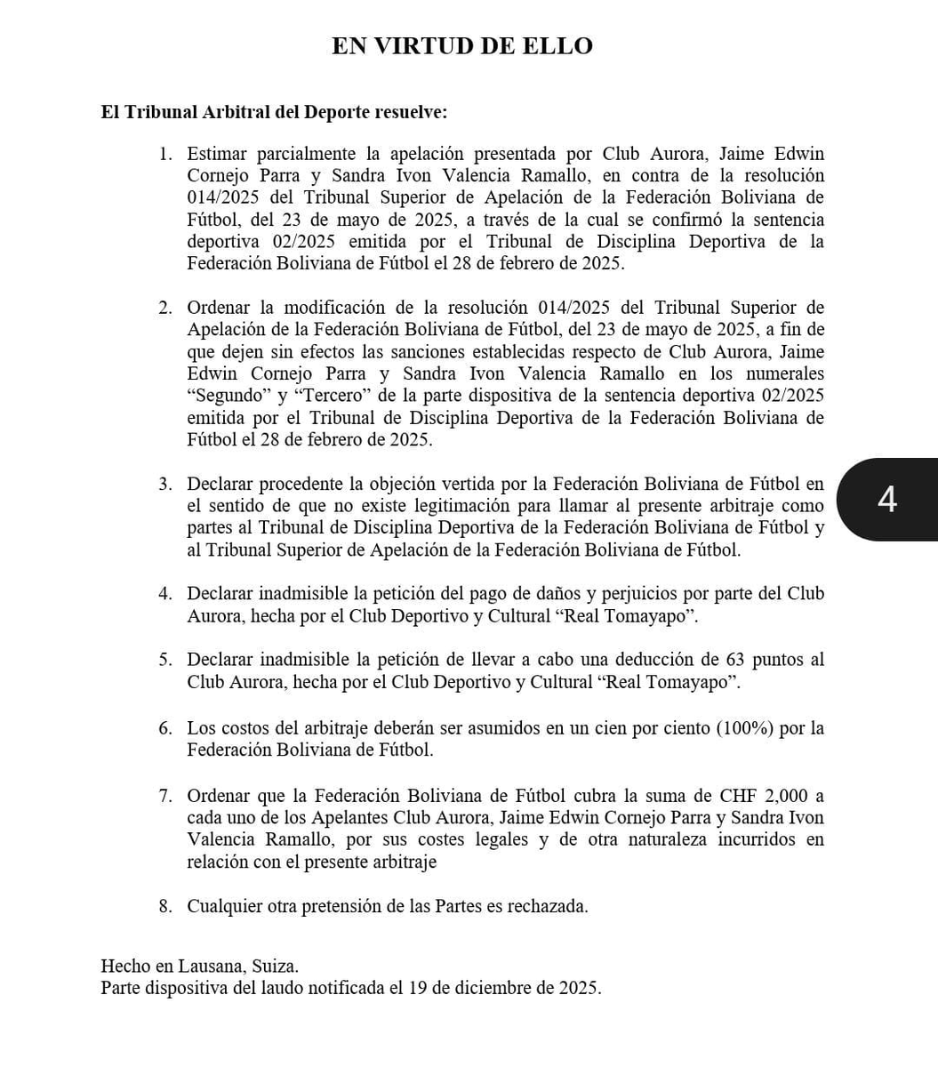 #ULTIMO | El TAS falla a favor de Aurora, Wilstermann descendería de forma directa y ABB jugaría el indirecto ante San Juan.

#FútbolBoliviano 
#Bolivia
