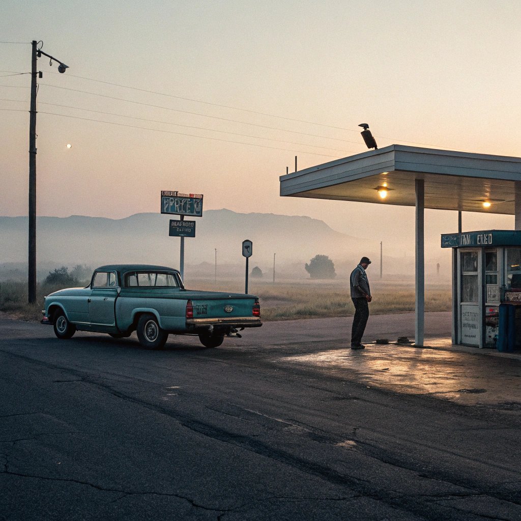 Americain1960's tweet photo. Before highways became endless, mornings like this told stories of patience, routine, and quiet America. Every pump, every pickup, every crow seemed to hold a memory. Who else longs for the calm of roads less traveled? #VintageAmerica #1960sRural #ForgottenScenes #NostalgicVibes https://t.co/yrzomjgQ8g