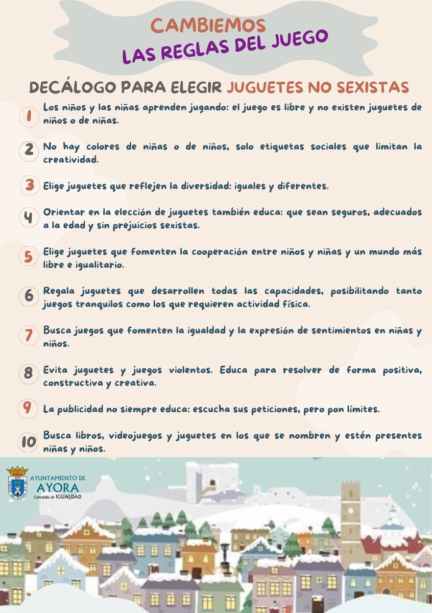 Campaña de Juguetes No Sexistas - Cambiemos las reglas del juego. 🎁
➡️La Concejalía de Igualdad del <a href="/AytoAyora/">Ayto. de Ayora</a> impulsa esta campaña para de promover una elección de juguetes que favorezca el desarrollo integral de niños y niñas en un  entorno de igualdad, respeto y libertad